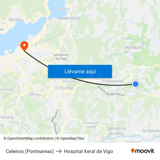 Celeiros (Ponteareas) to Hospital Xeral de Vigo map