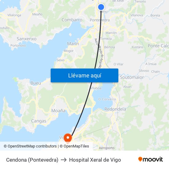 Cendona (Pontevedra) to Hospital Xeral de Vigo map