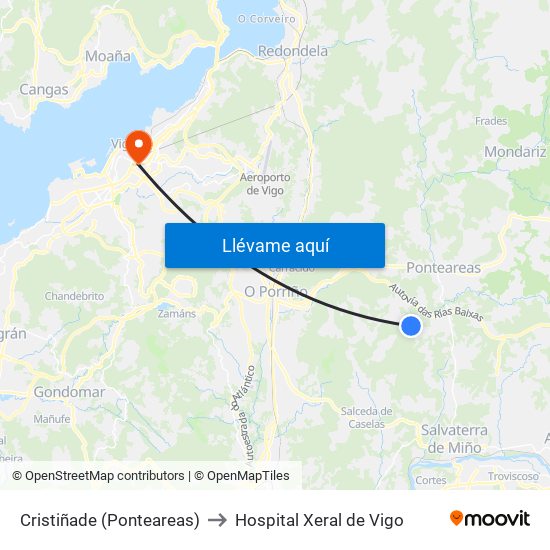 Cristiñade (Ponteareas) to Hospital Xeral de Vigo map