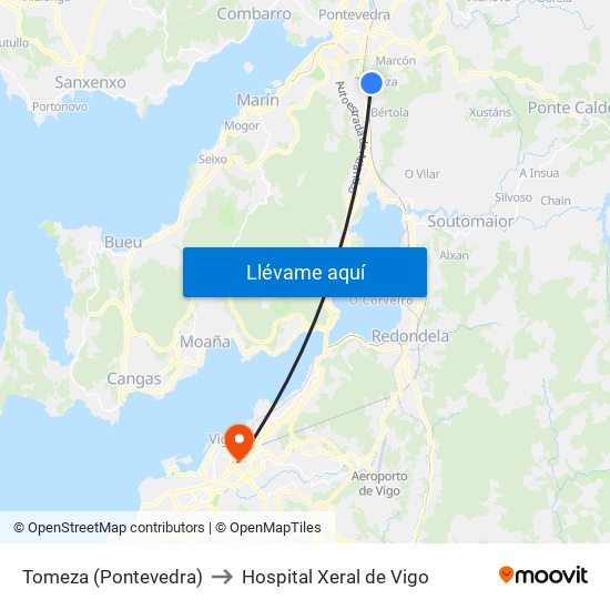 Tomeza (Pontevedra) to Hospital Xeral de Vigo map