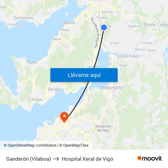 Ganderón (Vilaboa) to Hospital Xeral de Vigo map