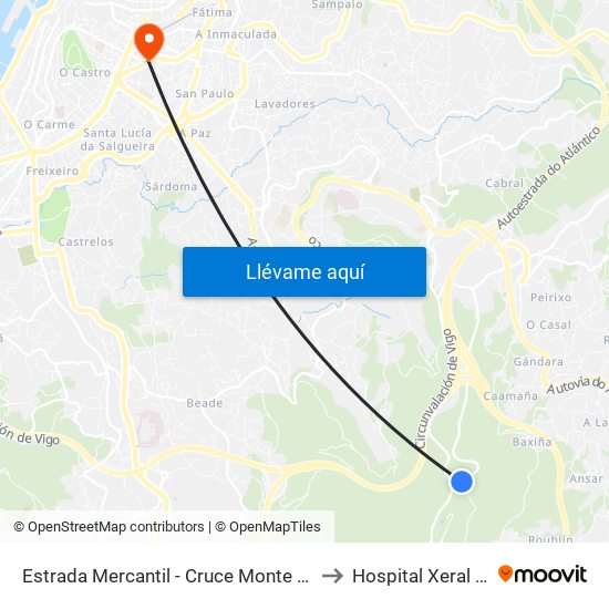 Estrada Mercantil - Cruce Monte do Coto (Mos) to Hospital Xeral de Vigo map