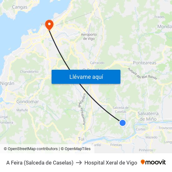 A Feira (Salceda de Caselas) to Hospital Xeral de Vigo map