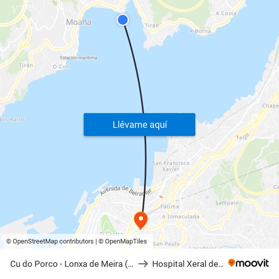 Cu do Porco - Lonxa de Meira (Moaña) to Hospital Xeral de Vigo map