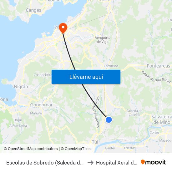 Escolas de Sobredo (Salceda de Caselas) to Hospital Xeral de Vigo map