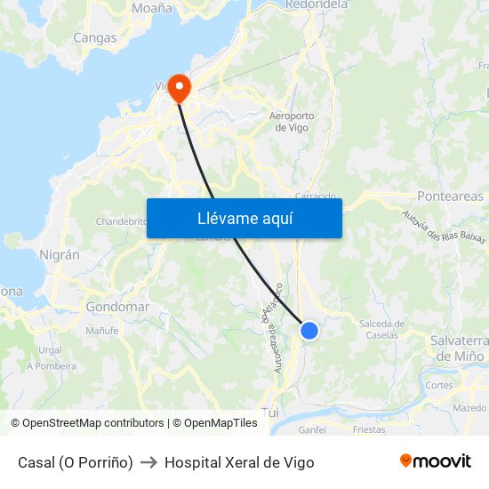 Casal (O Porriño) to Hospital Xeral de Vigo map