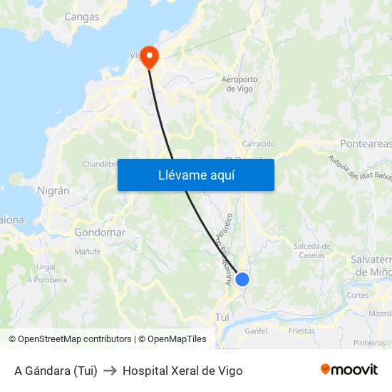 A Gándara (Tui) to Hospital Xeral de Vigo map