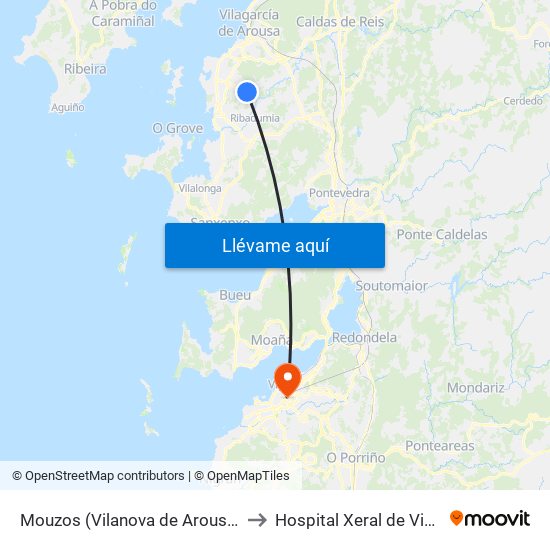 Mouzos (Vilanova de Arousa) to Hospital Xeral de Vigo map