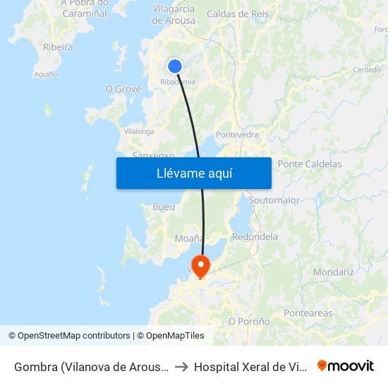 Gombra (Vilanova de Arousa) to Hospital Xeral de Vigo map