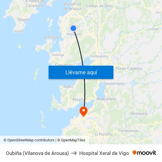 Oubiña (Vilanova de Arousa) to Hospital Xeral de Vigo map