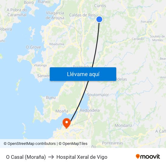 O Casal (Moraña) to Hospital Xeral de Vigo map