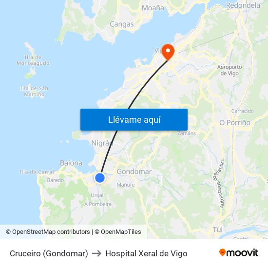 Cruceiro (Gondomar) to Hospital Xeral de Vigo map