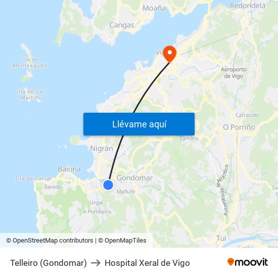 Telleiro (Gondomar) to Hospital Xeral de Vigo map