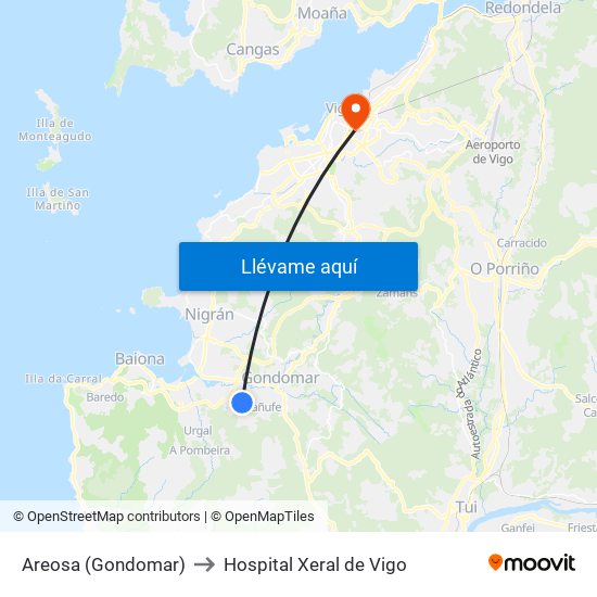 Areosa (Gondomar) to Hospital Xeral de Vigo map