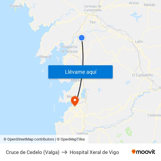 Cruce de Cedelo (Valga) to Hospital Xeral de Vigo map