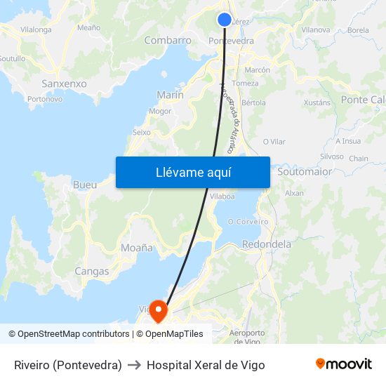 Riveiro (Pontevedra) to Hospital Xeral de Vigo map