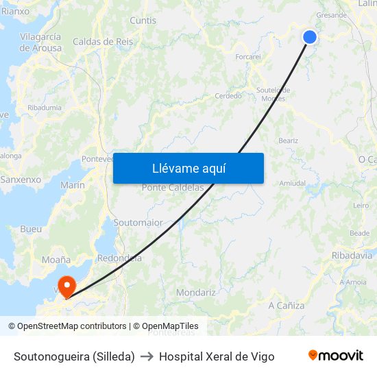 Soutonogueira (Silleda) to Hospital Xeral de Vigo map