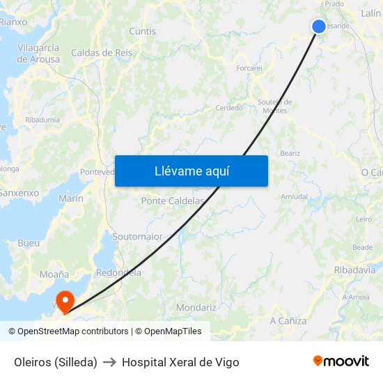 Oleiros (Silleda) to Hospital Xeral de Vigo map