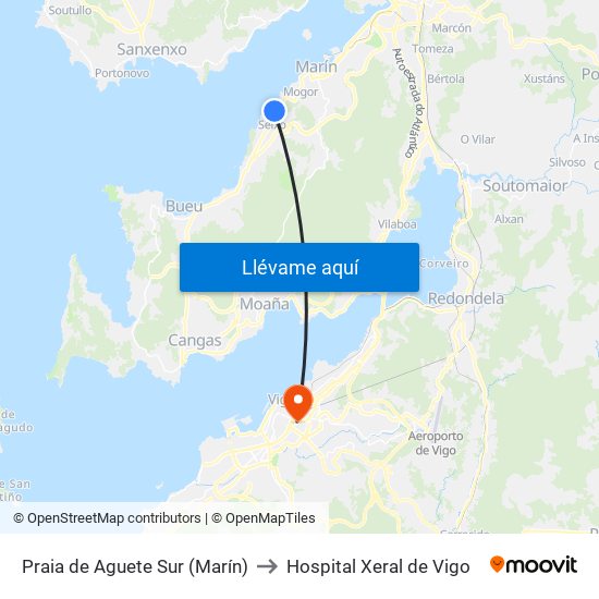 Praia de Aguete Sur (Marín) to Hospital Xeral de Vigo map
