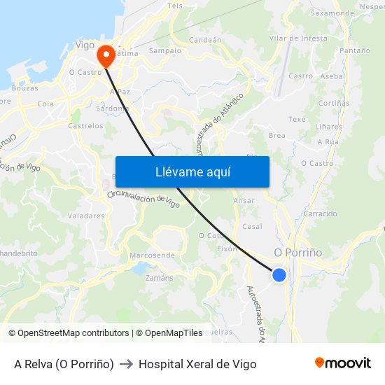 A Relva (O Porriño) to Hospital Xeral de Vigo map