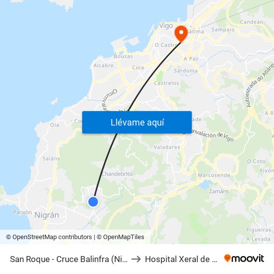 San Roque - Cruce Balinfra (Nigrán) to Hospital Xeral de Vigo map