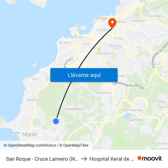San Roque - Cruce Lameiro (Nigrán) to Hospital Xeral de Vigo map
