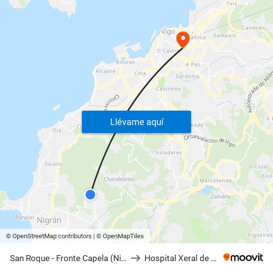 San Roque - Fronte Capela (Nigrán) to Hospital Xeral de Vigo map