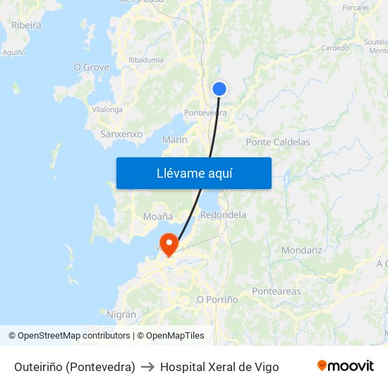 Outeiriño (Pontevedra) to Hospital Xeral de Vigo map
