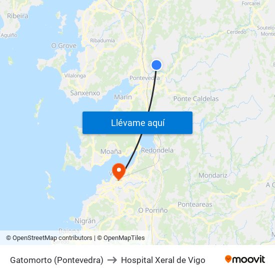 Gatomorto (Pontevedra) to Hospital Xeral de Vigo map
