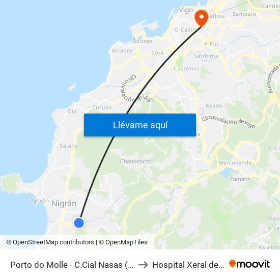 Porto do Molle - C.Cial Nasas (Nigrán) to Hospital Xeral de Vigo map