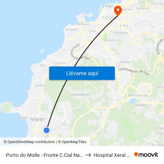 Porto do Molle - Fronte C.Cial Nasas (Nigrán) to Hospital Xeral de Vigo map