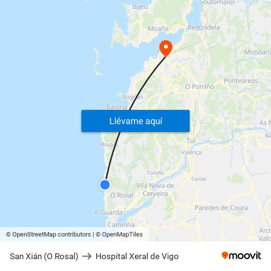 San Xián (O Rosal) to Hospital Xeral de Vigo map