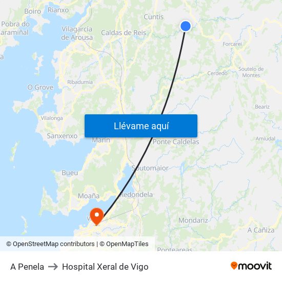 A Penela to Hospital Xeral de Vigo map