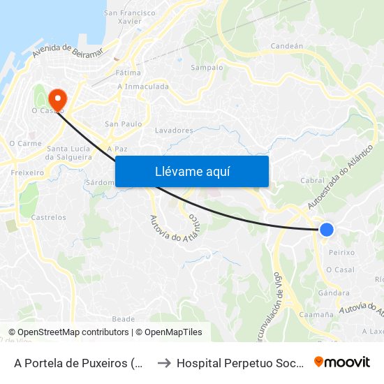 A Portela de Puxeiros (Mos) to Hospital Perpetuo Socorro map