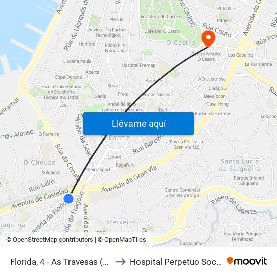 Florida, 4 - As Travesas (Vigo) to Hospital Perpetuo Socorro map