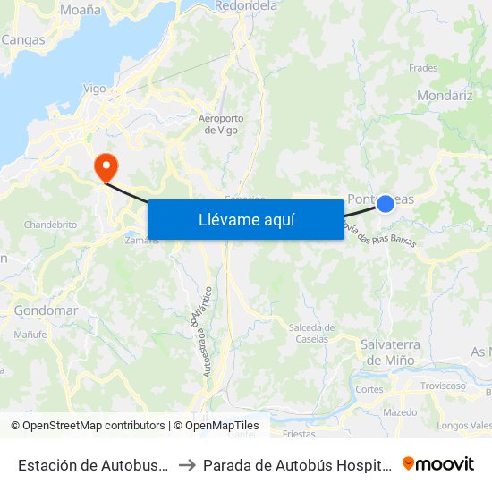 Estación de Autobuses (Ponteareas) to Parada de Autobús Hospital Álvaro Cunqueiro map