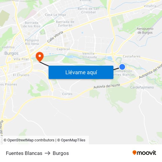 Fuentes Blancas to Burgos map