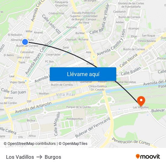 Los Vadillos to Burgos map