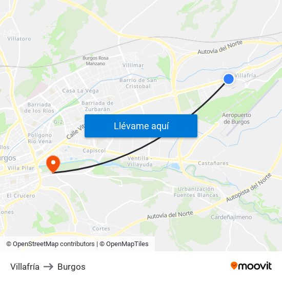 Villafría to Burgos map