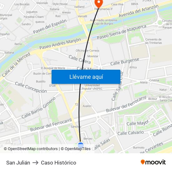 San Julián to Caso Histórico map