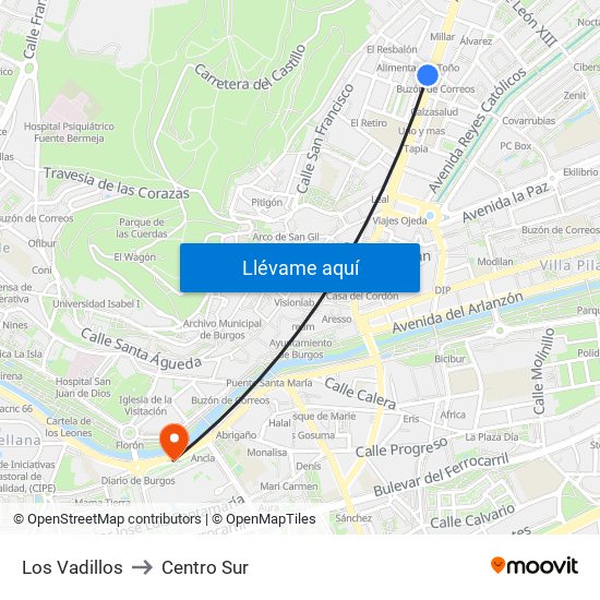 Los Vadillos to Centro Sur map