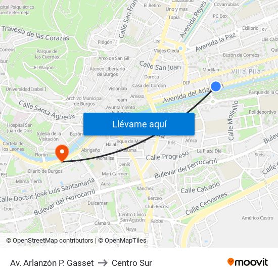 Av. Arlanzón P. Gasset to Centro Sur map