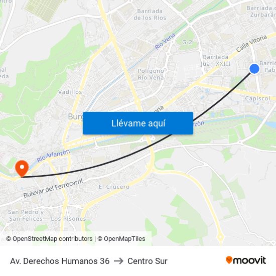 Av. Derechos Humanos 36 to Centro Sur map
