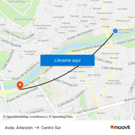 Avda. Arlanzón to Centro Sur map