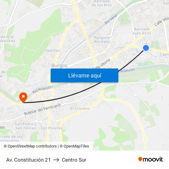 Av. Constitución 21 to Centro Sur map