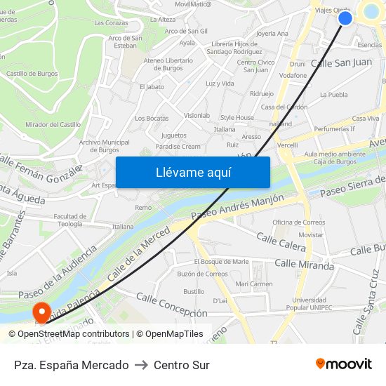Pza. España Mercado to Centro Sur map