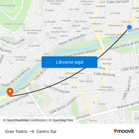Gran Teatro to Centro Sur map