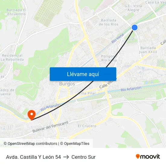 Avda. Castilla Y León 54 to Centro Sur map