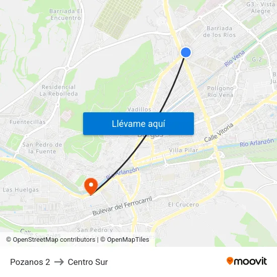 Pozanos 2 to Centro Sur map