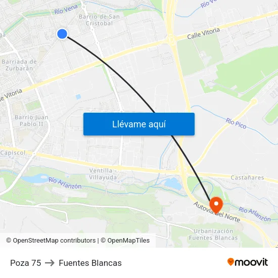 Poza 75 to Fuentes Blancas map